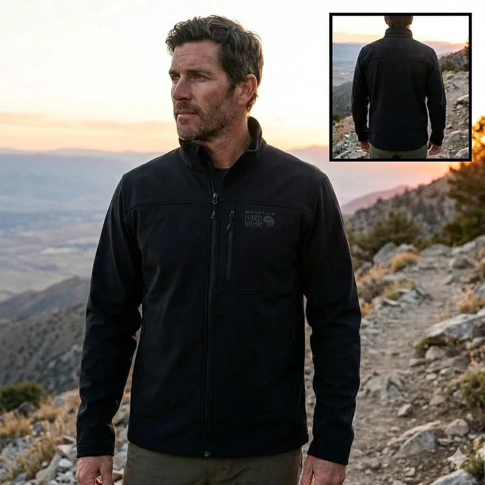 Mountain Hardwear OM6030 Mens Large Black Softshell Fleece Lined Jacket Full Zip
